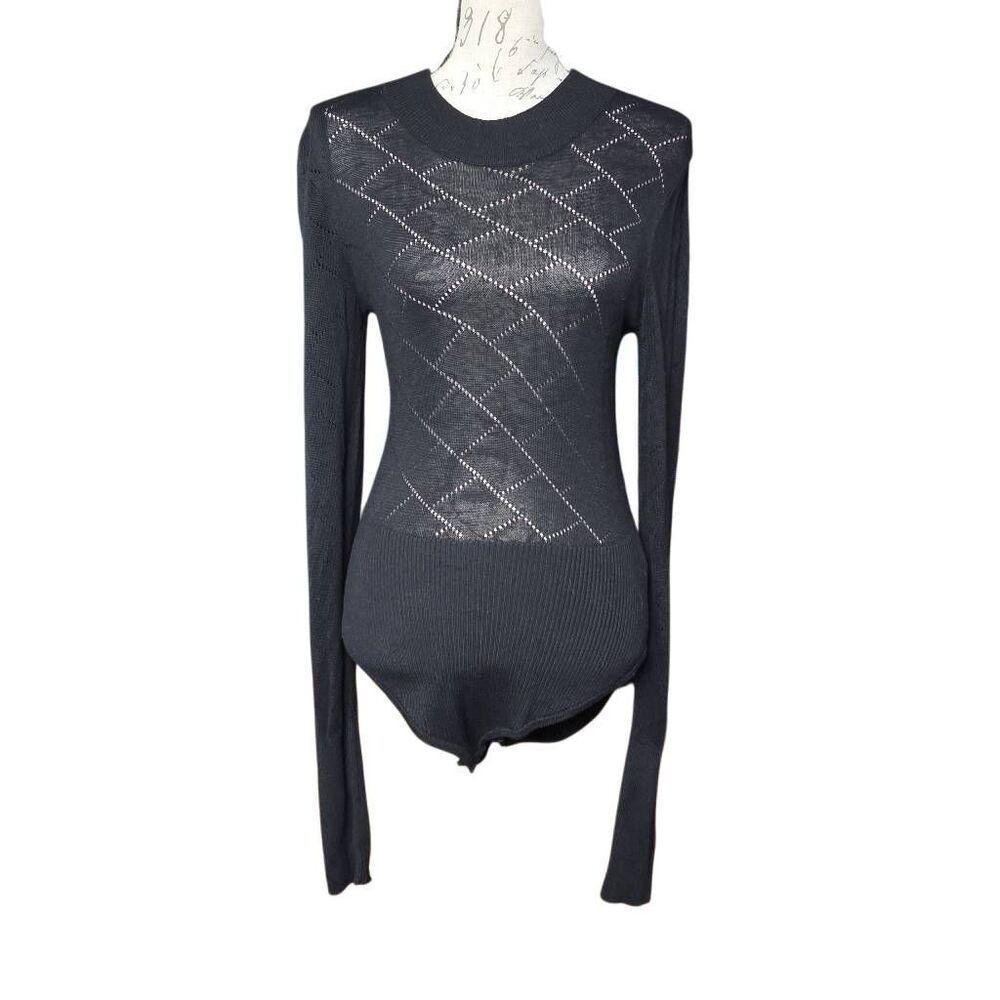 Free People Intimately Women's Size Large Black Woven Long Sleeve Bodysuit